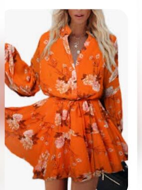 Women’s Orange Floral Tie-Waist Mini Dress